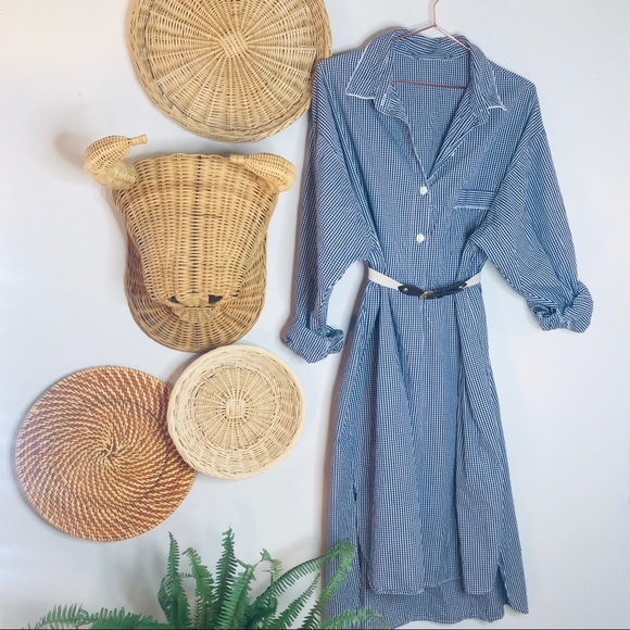 Vintage Dresses & Skirts - vtg vsco gingham Navy cotton shirt dress